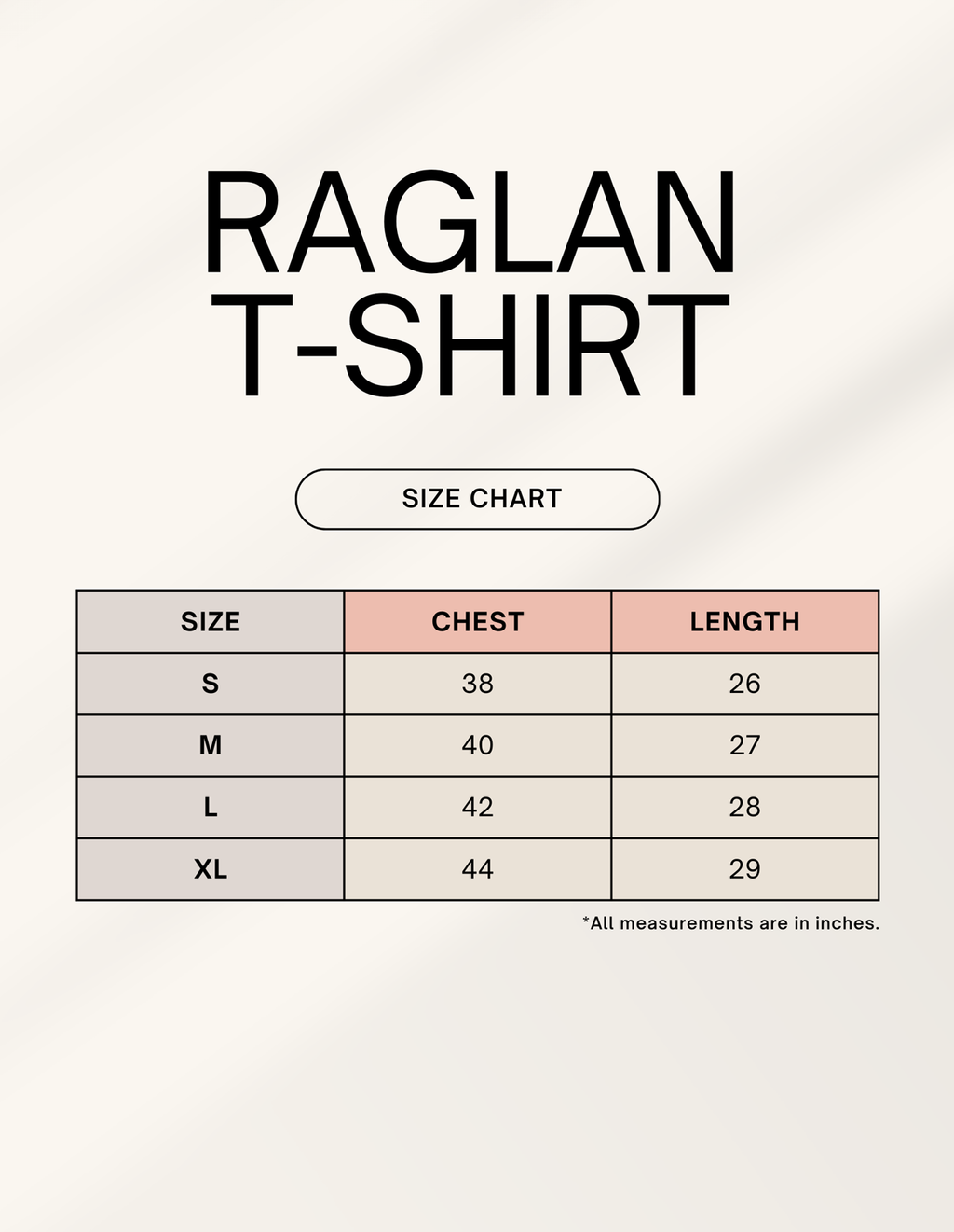 Raglan tee size chart
