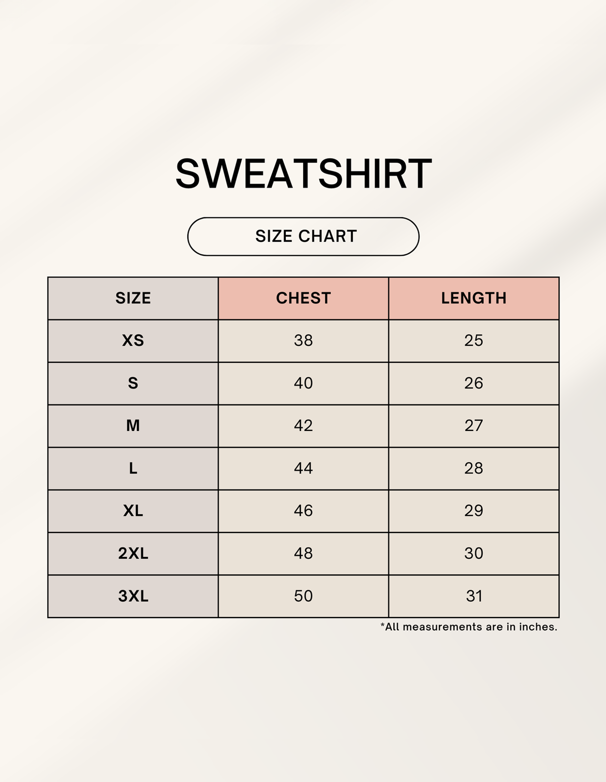Silence Sweatshirt size chart