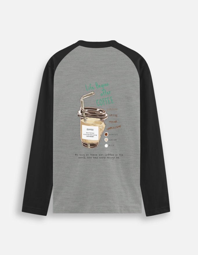 Life Begins After Coffee raglan tee in Black Charcoal Melange, back with print