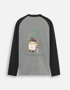 Life Begins After Coffee raglan tee in Black Charcoal Melange, back with print