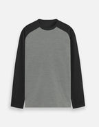 Life Begins After Coffee raglan tee in Black Charcoal Melange, plain front