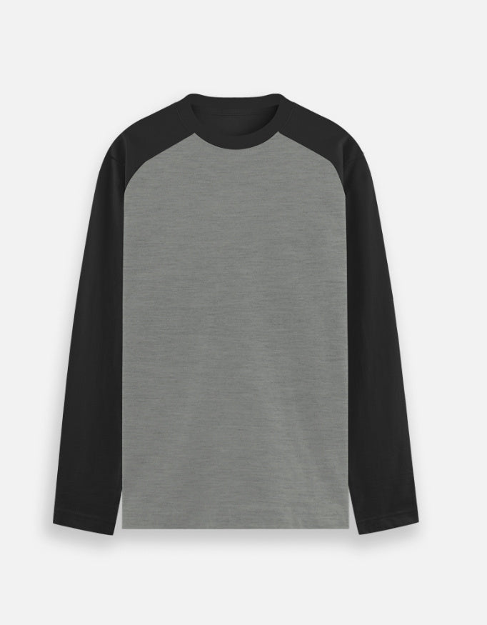 Life Begins After Coffee raglan tee in Black Charcoal Melange, plain front