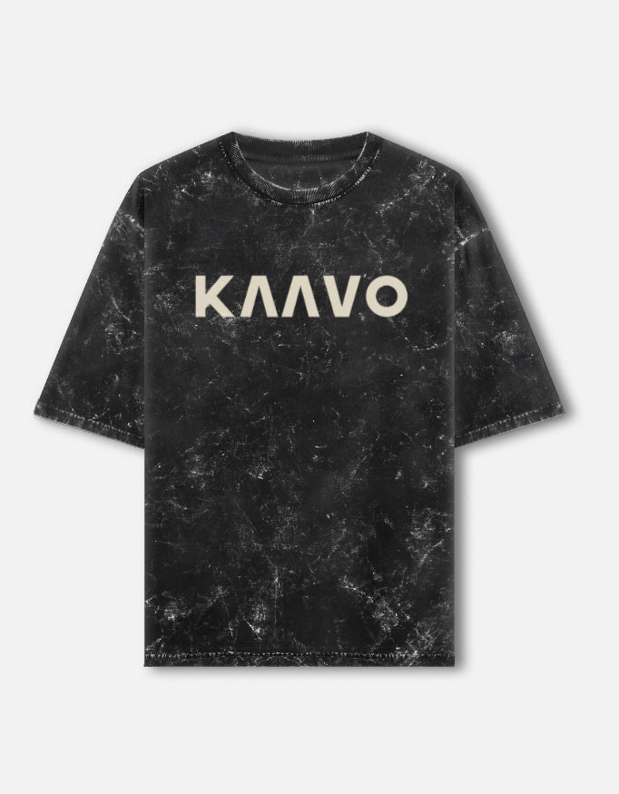 Kaavo acid-wash oversized tee in Black, front with print