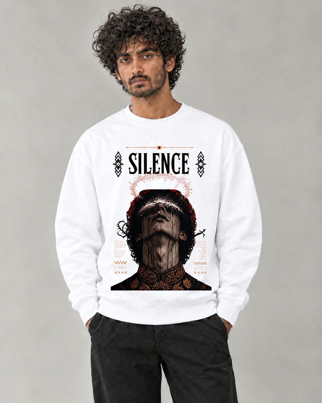 Silence Sweatshirt in White on model, front view
