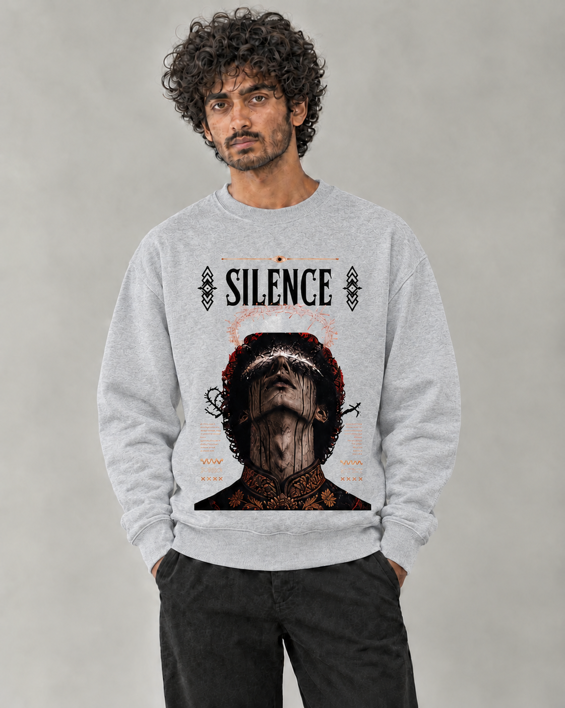 Silence Sweatshirt in Grey Melange on model, front view