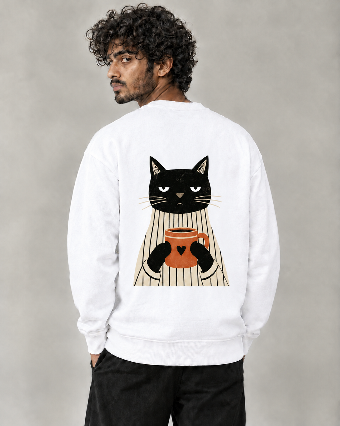 Not Before Coffee sweatshirt in White on model, back view