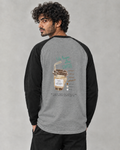 Life Begins After Coffee raglan tee in Black Charcoal Melange on model, back view