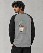Life Begins After Coffee raglan tee in Black Charcoal Melange on model, back view