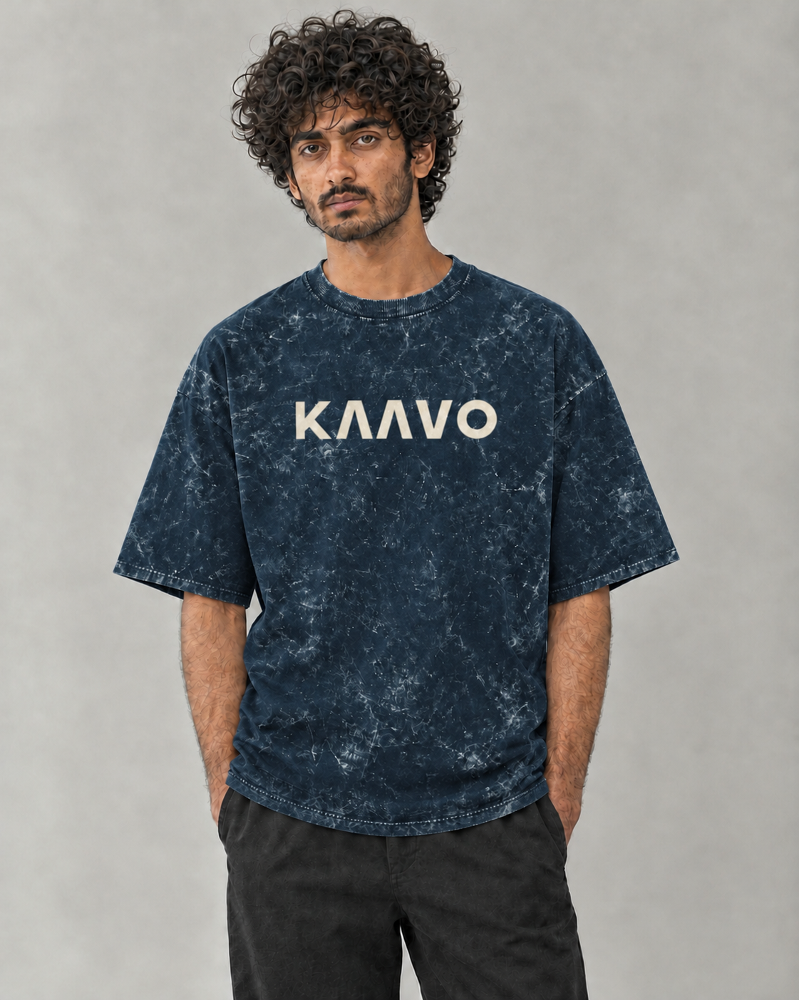 Kaavo acid-wash oversized tee in Navy Blue on model, front view