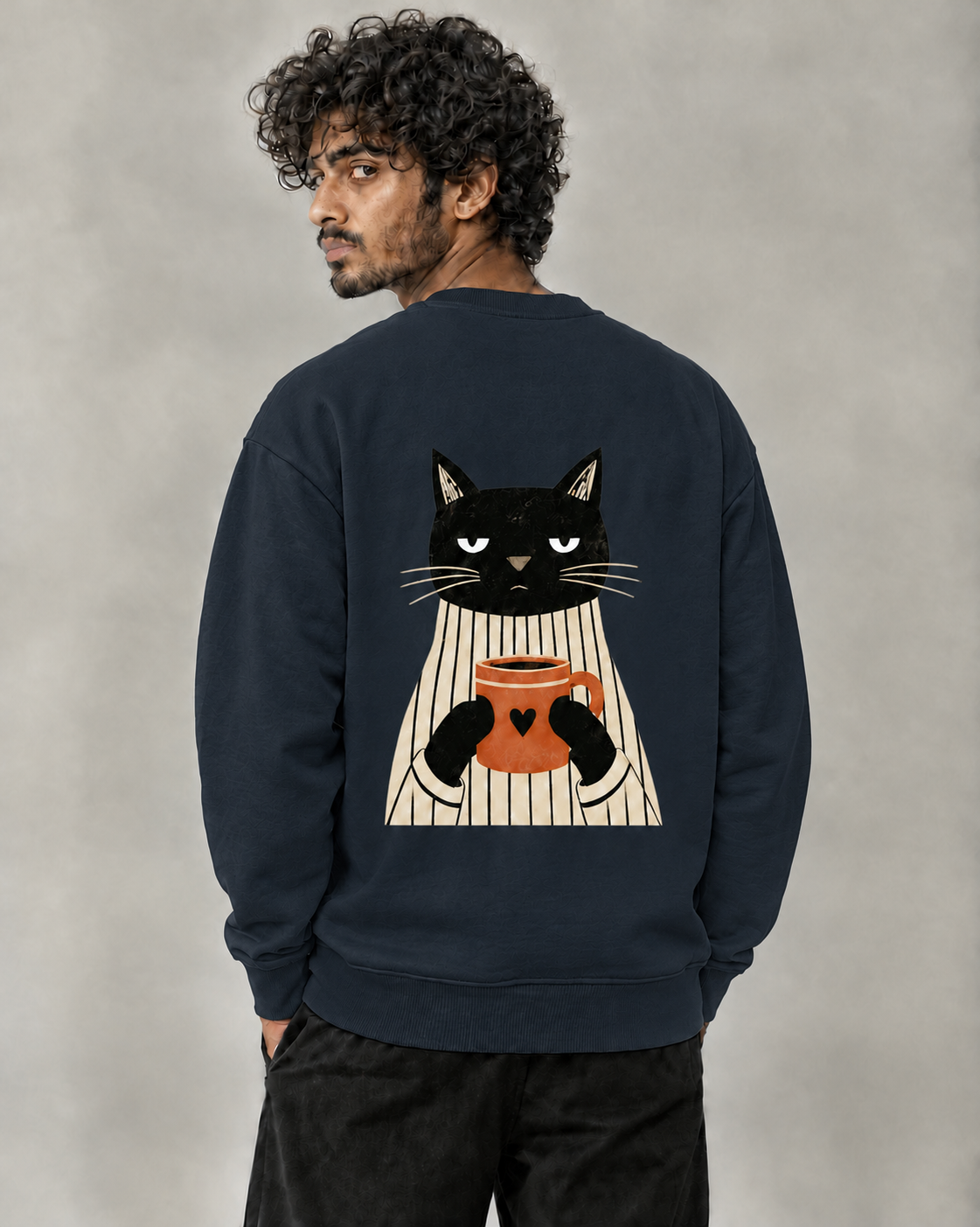 Not Before Coffee sweatshirt in Navy Blue on model, back view