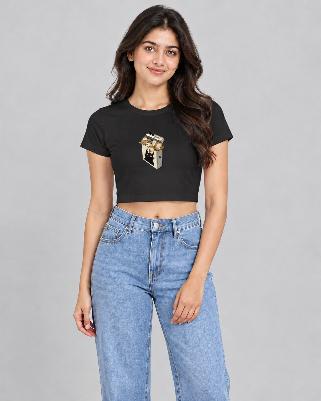 Box of Cats Crop Top in Black on model, front view