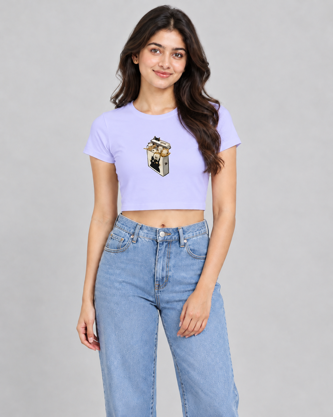 Box of Cats Crop Top in Lavender on model, front view