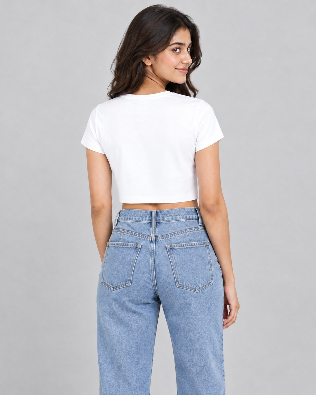 Box of Cats Crop Top in White on model, back view