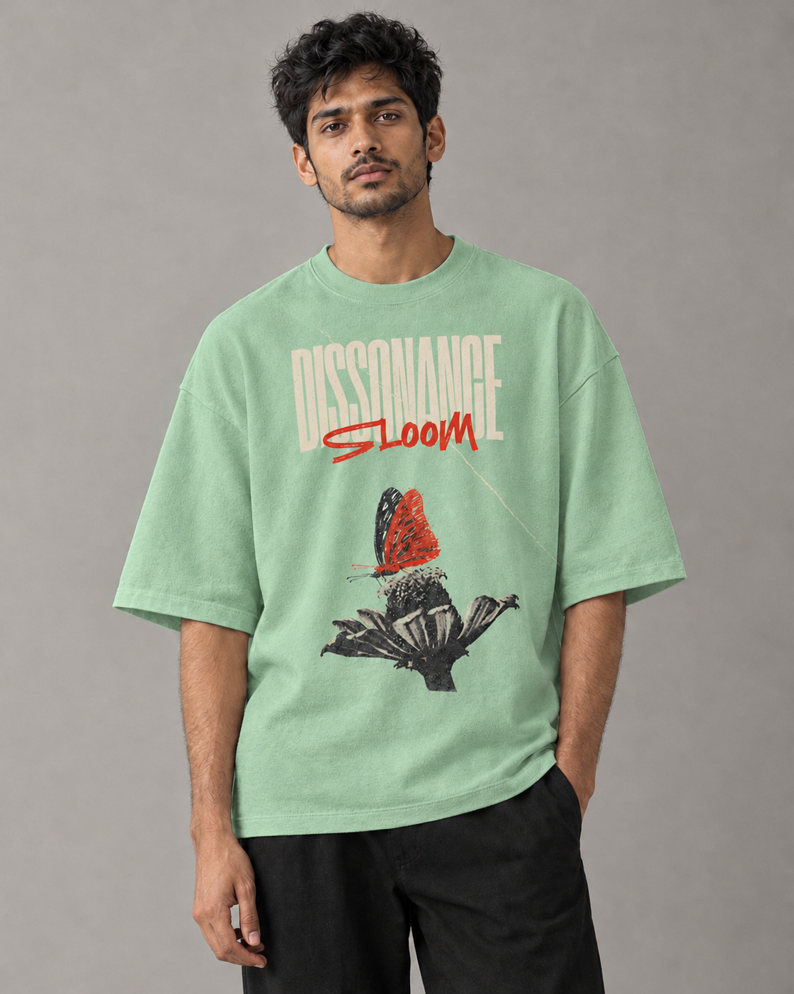 Kaavo Dissonance Bloom terry oversized tee in Jade on model, front view