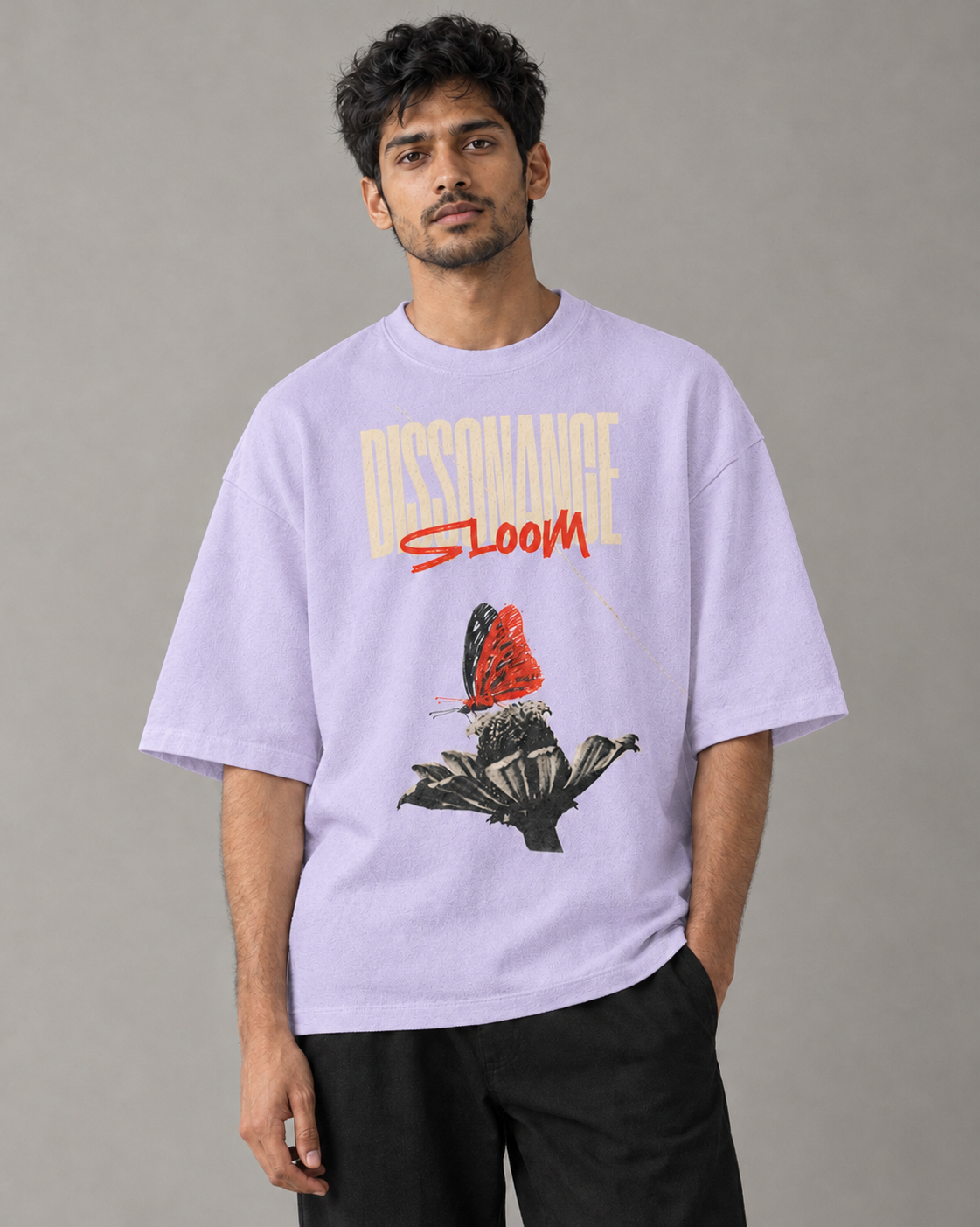 Kaavo Dissonance Bloom terry oversized tee in Lavender on model, front view