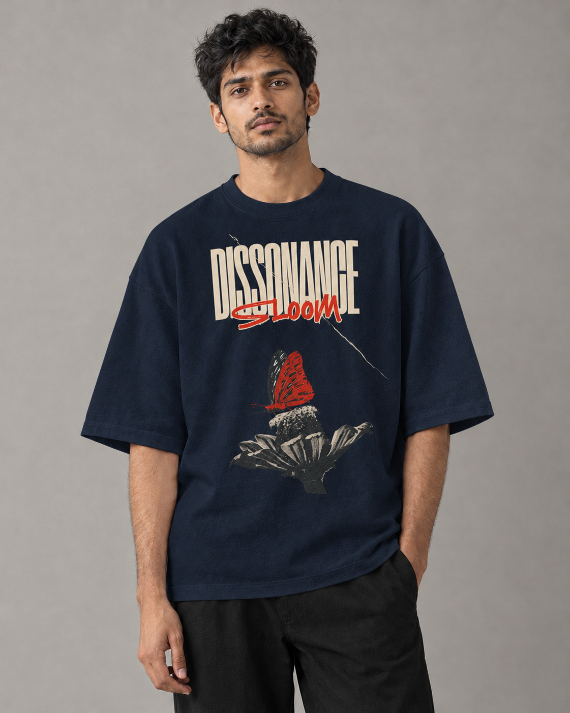 Kaavo Dissonance Bloom terry oversized tee in Navy Blue on model, front view