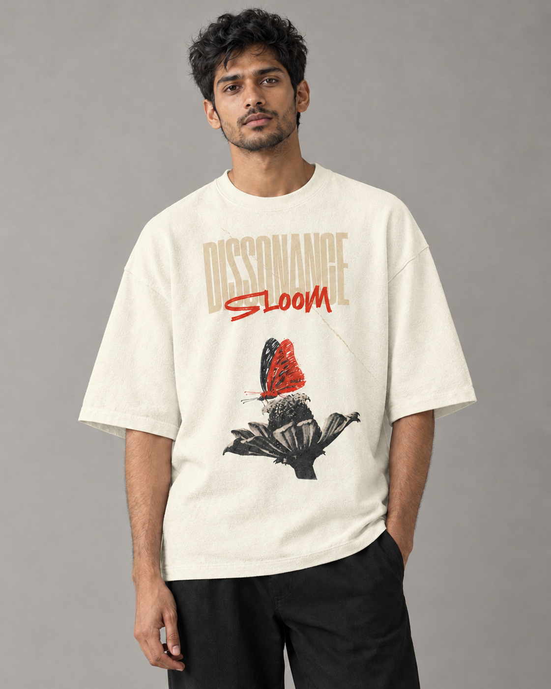Kaavo Dissonance Bloom terry oversized tee in Off White on model, front view