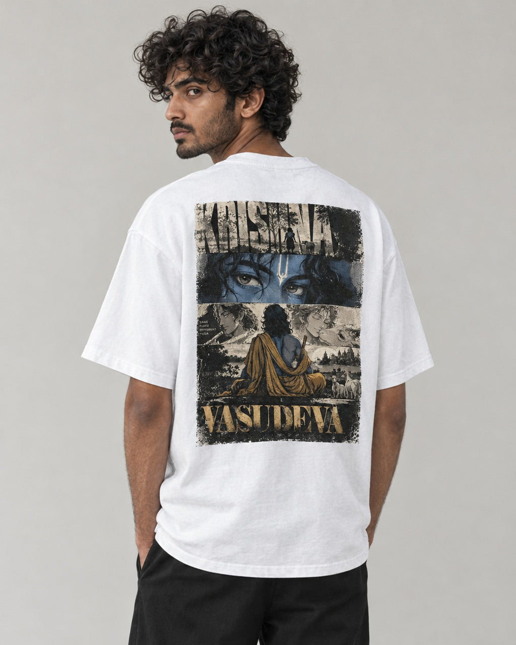 Kaavo Vasudeva oversized tee in White on model, back view