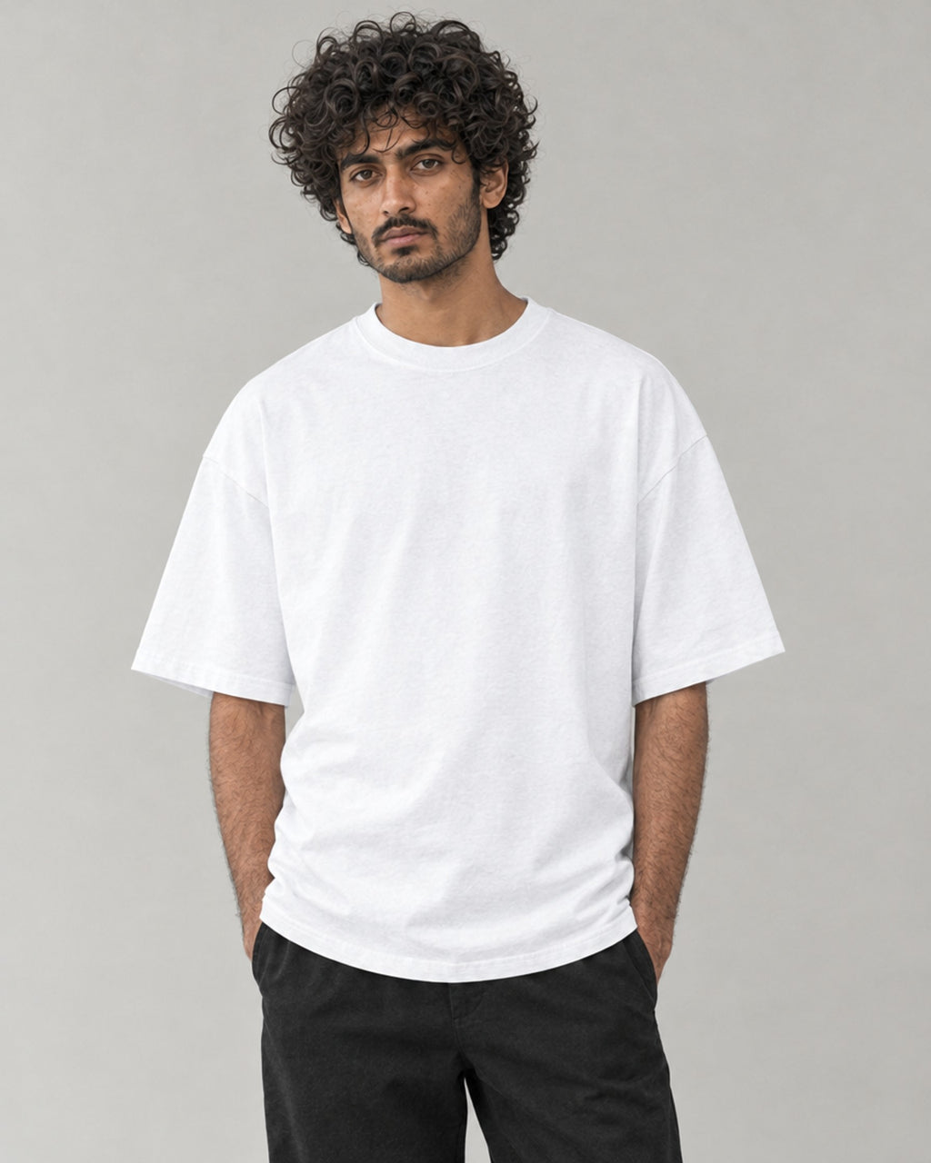 Kaavo Vasudeva oversized tee in White on model, front view