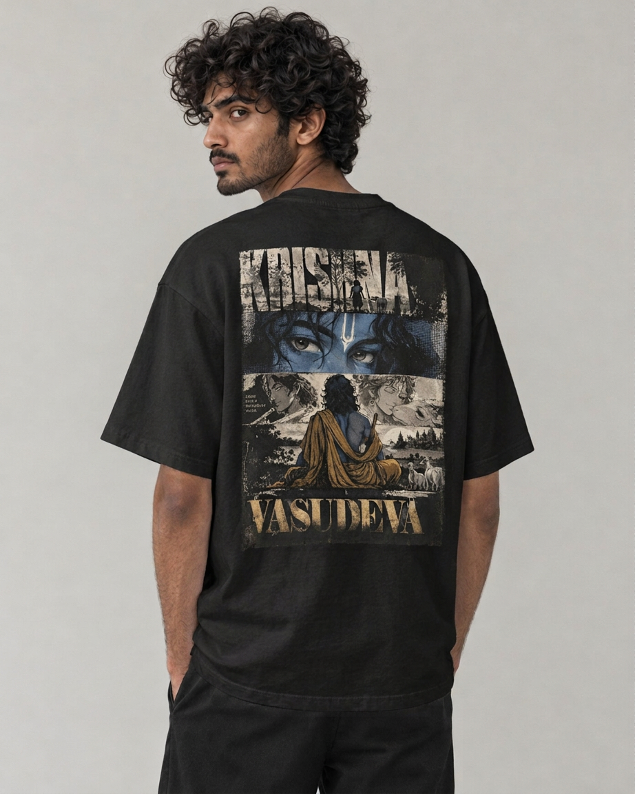 Kaavo Vasudeva oversized tee in Black on model, back view