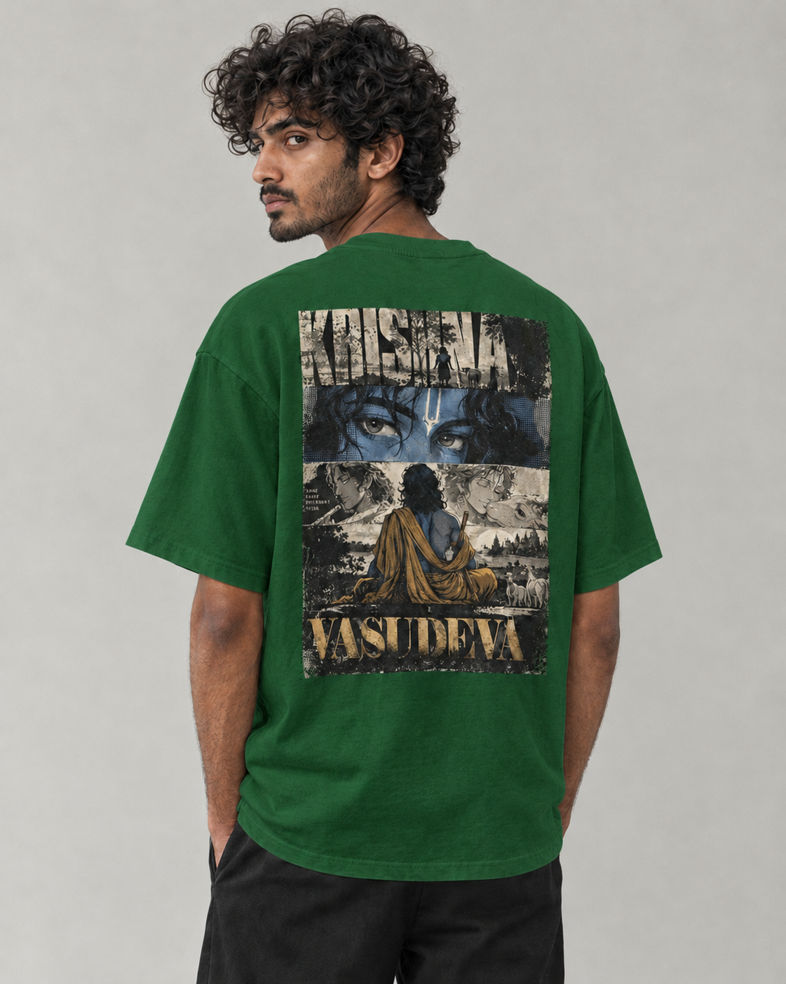 Kaavo Vasudeva oversized tee in Bottle Green on model, back view