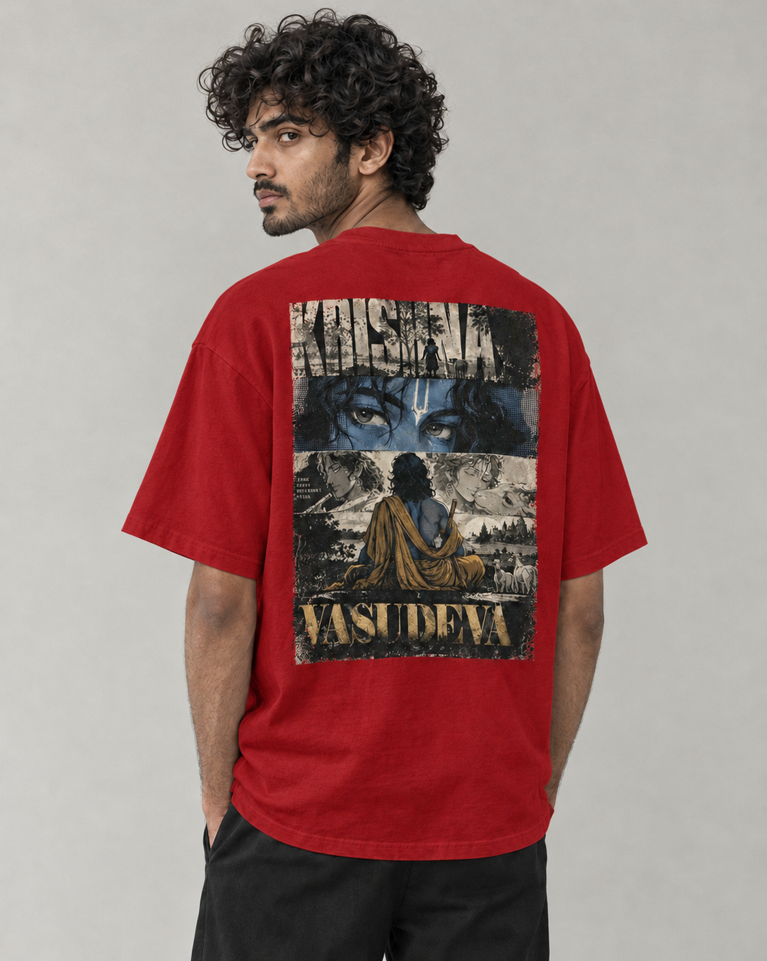 Kaavo Vasudeva oversized tee in Red on model, back view